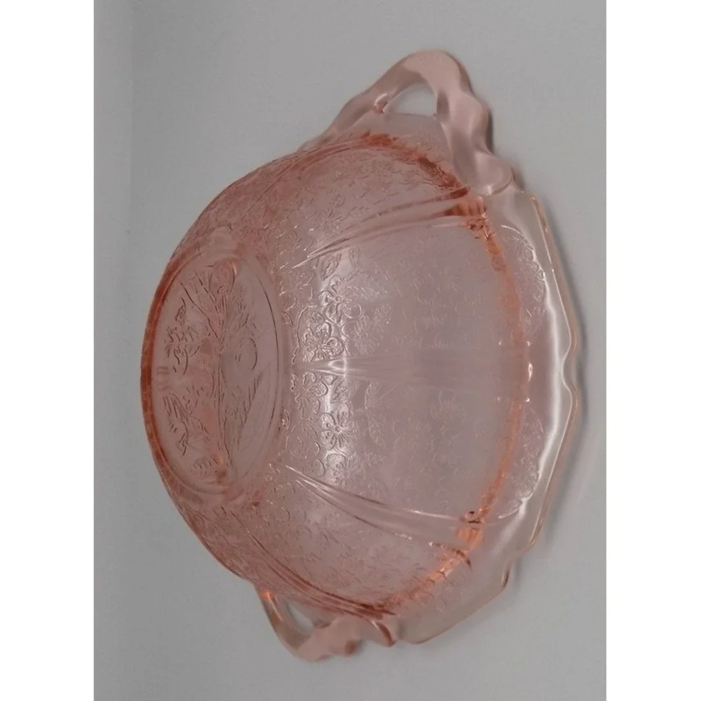 Jeannette Pink Cherry Blossom Depression Glass Handled Bowl Floral Patterns 1930